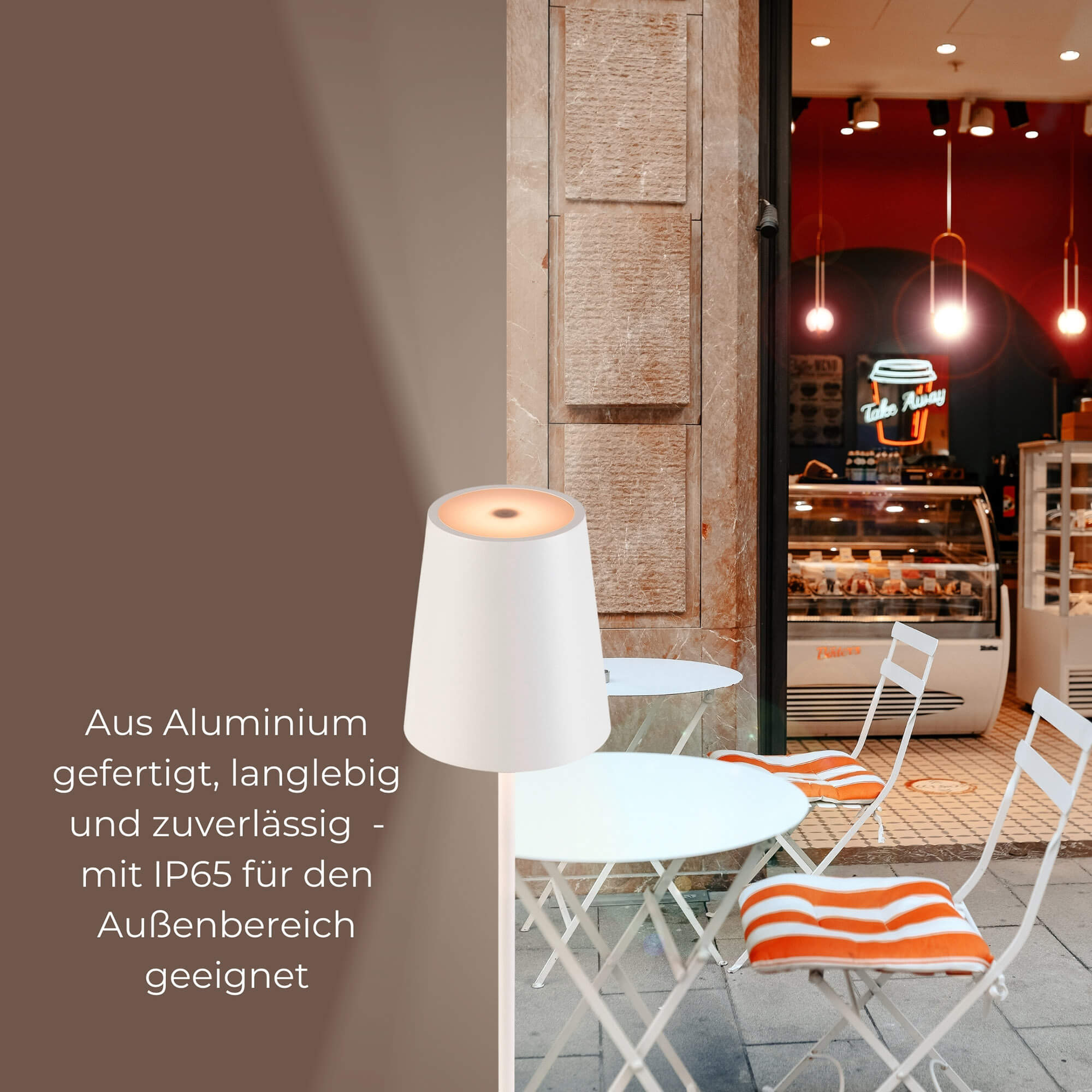 Outdoorlampe vinola two weiss mit außßenbereich eines restaurants im Hintergrund