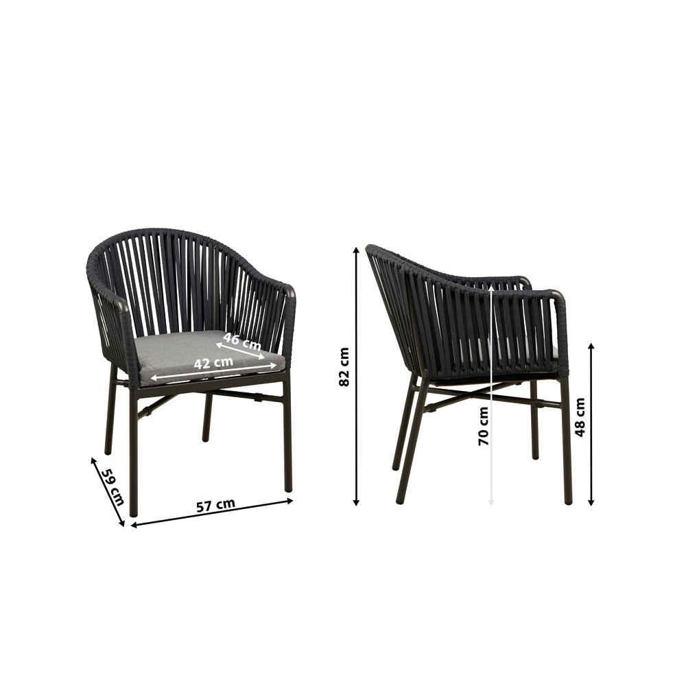 Terrassenstuhl Ramila-48 Dark Grey mit beigem Aluminiumgestell und Textilen-Rücken, stapelbar und wetterfest für Gastronomie Mit Bemaßung