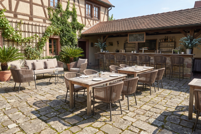 Restaurantterrasse mit Tischen und Stühlen