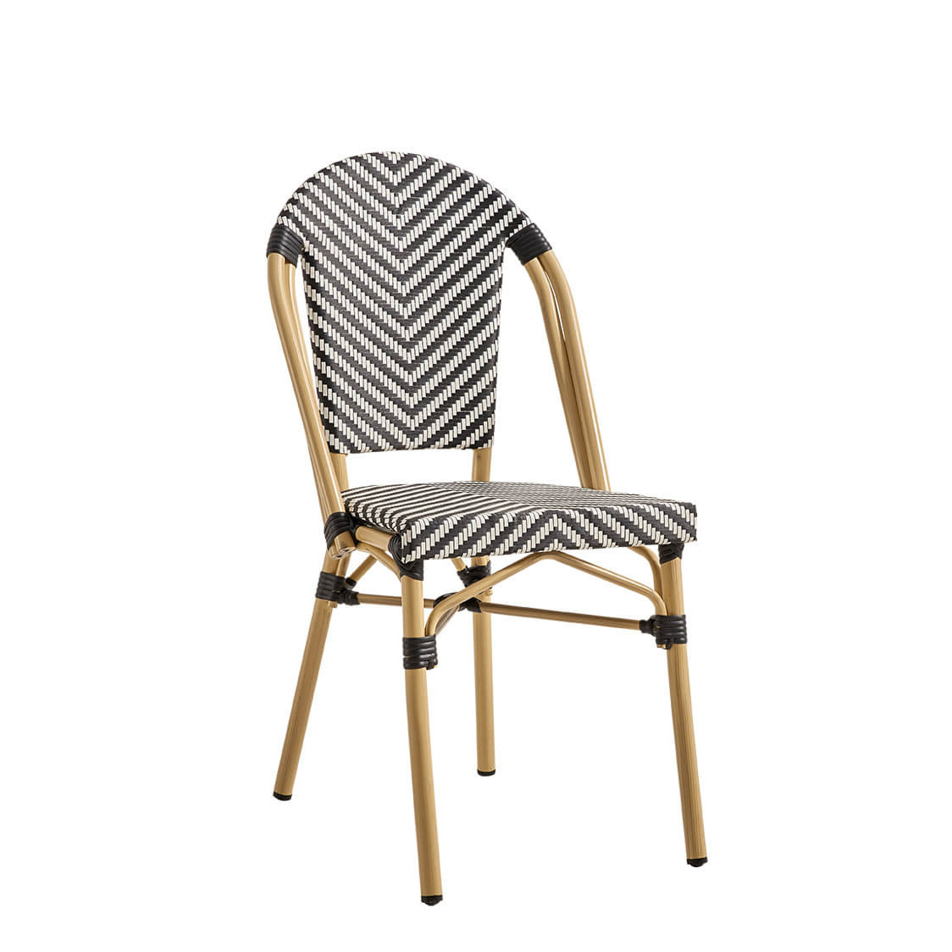 Zypern Black White Outdoorstuhl mit Rückenlehne mit schwarz-weißem Flechtmuster in Rattan-Optik - Vorderansicht