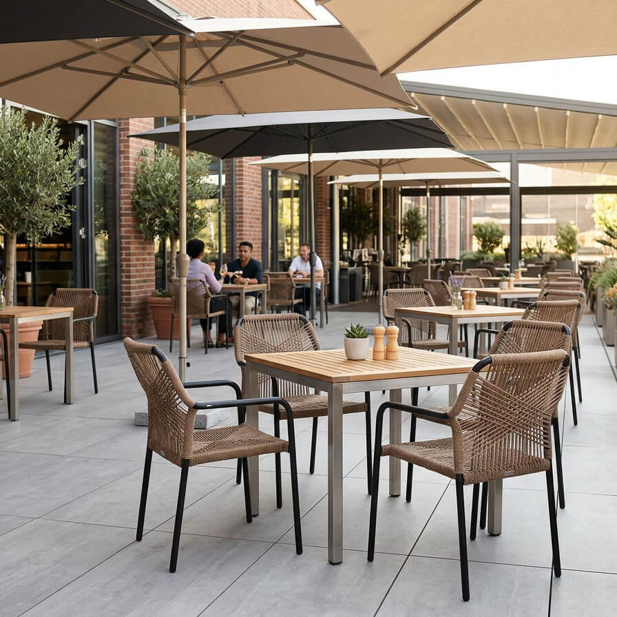 Outdoorstuhl mit Geflecht Lagunas wheat  – Milieubild Restaurant