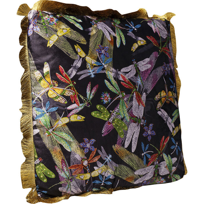 Tropical Garden fringe 45x45cm Dekokissen mit farbigem Libellenmuster auf schwarzem Hintergrund und goldfarbener Fransenbordüre