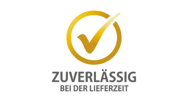 Badge mit der Aufschrift: Zuverlässig bei der Lieferzeit