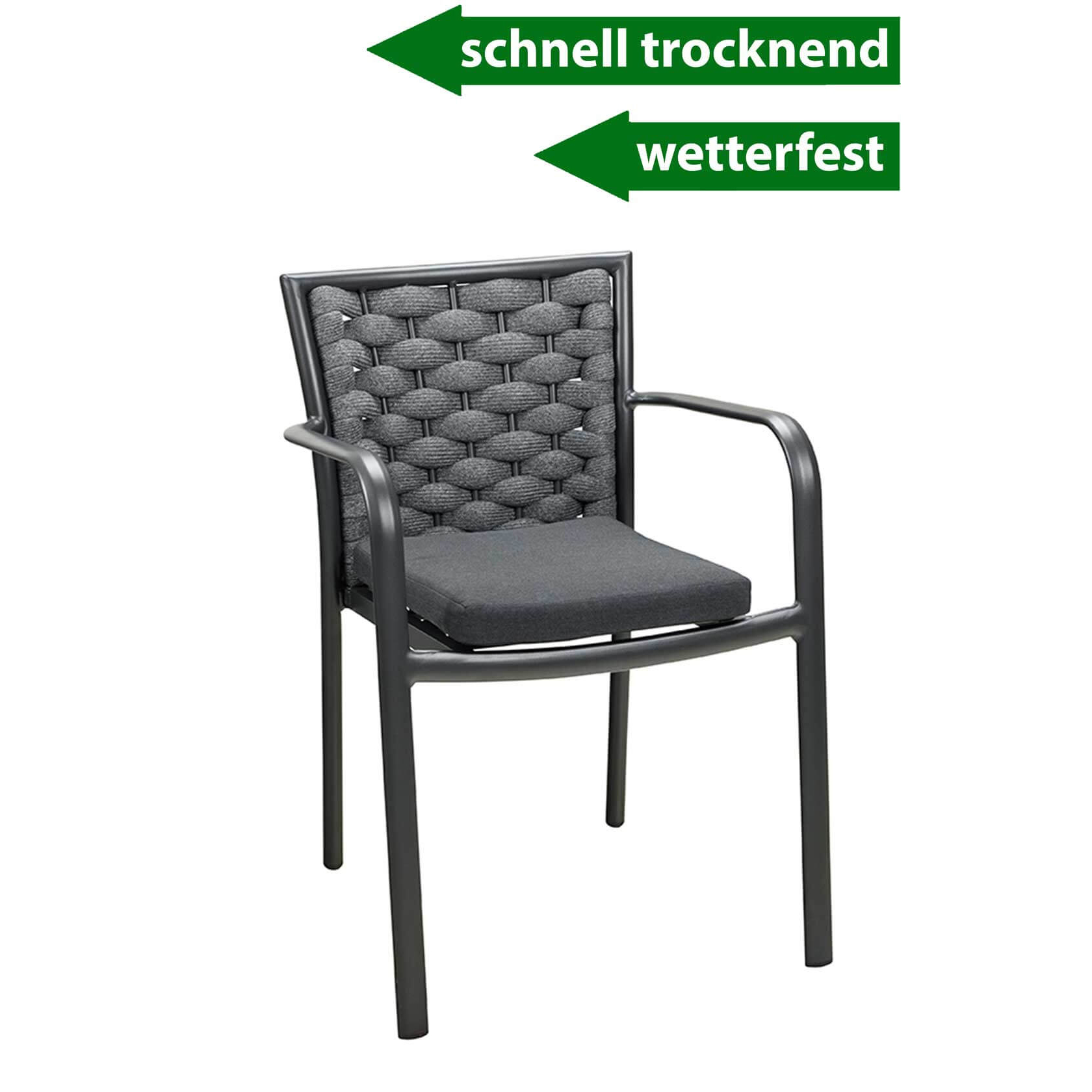 Stapelbarer Outdoor-Stuhl Bentio Grey mit Rope-Rückenlehne und Sitzkissen für Gastronomie