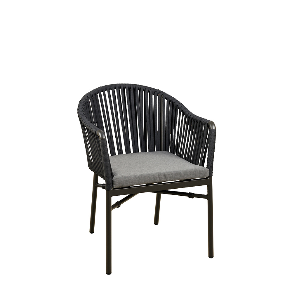 Terrassenstuhl Ramila-48 Dark Grey mit beigem Aluminiumgestell und Textilen-Rücken, stapelbar und wetterfest für Gastronomie