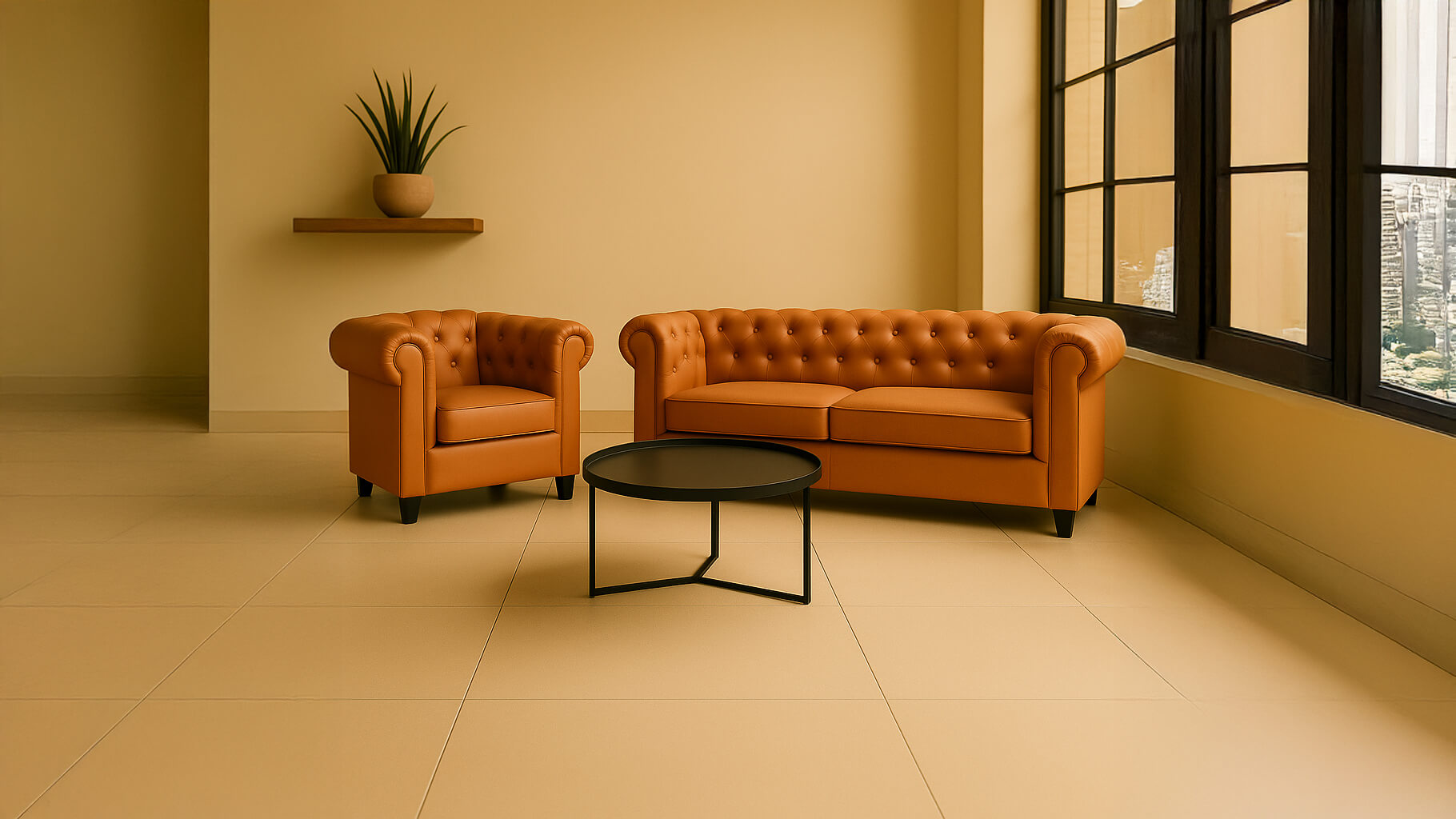 Loungesofa und Sessel in orange vor einem neutralem Hintergrund für Gastronomie und Hotel