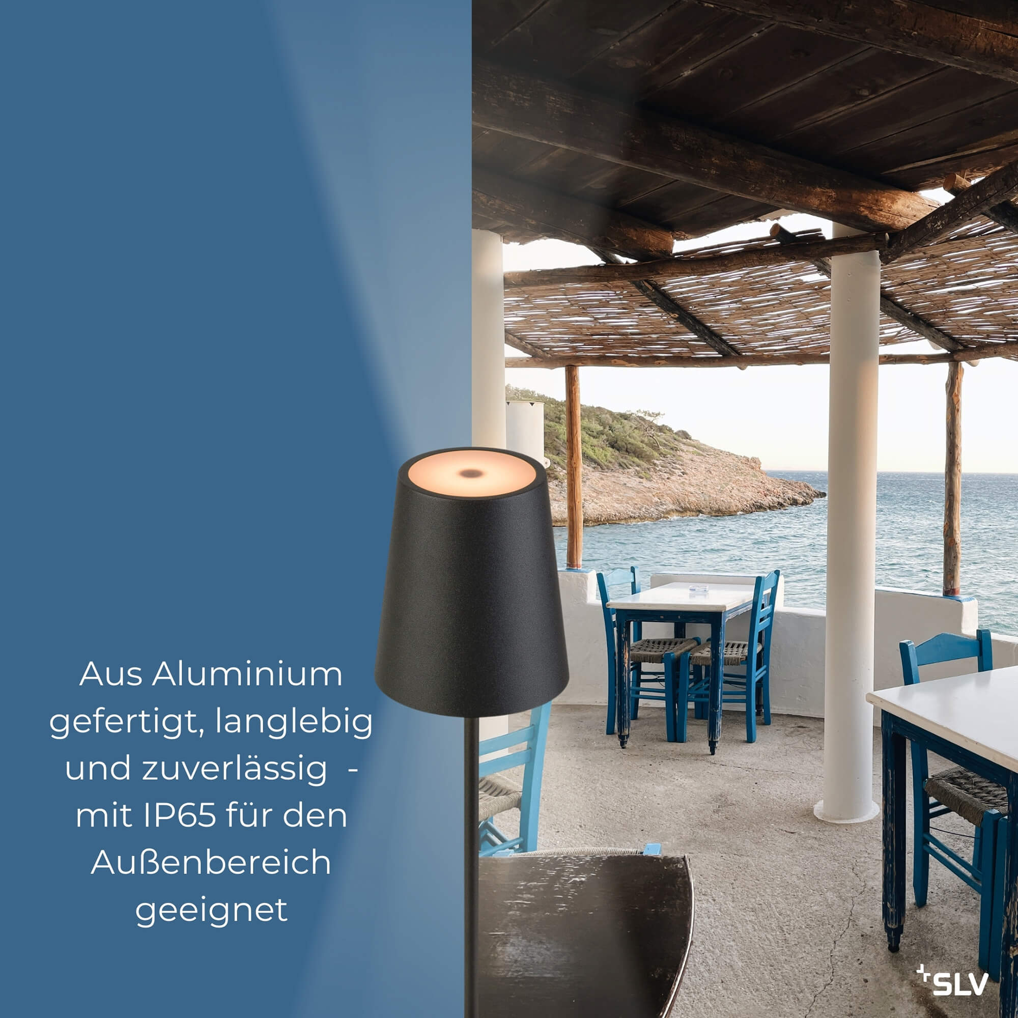 outdoorlampe Vinolina aus Aluminium in Schwarz in mediterranem Außenbereich am Meer, mit IP65 für Terrasse und Gastronomie geeignet