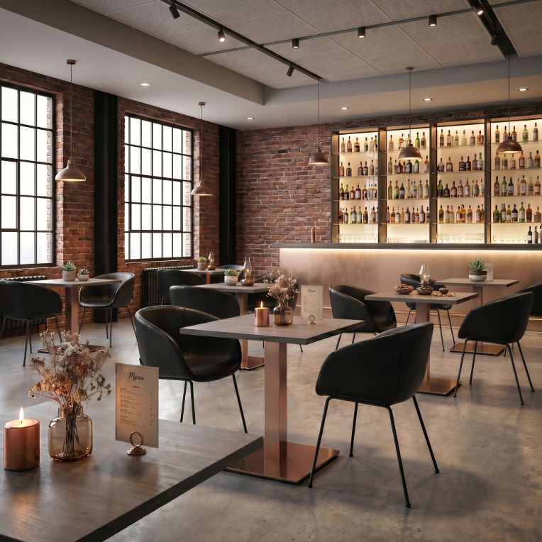 Marino Copper 404 kupferfarbenes Tischgestell – Milieubild Restaurant