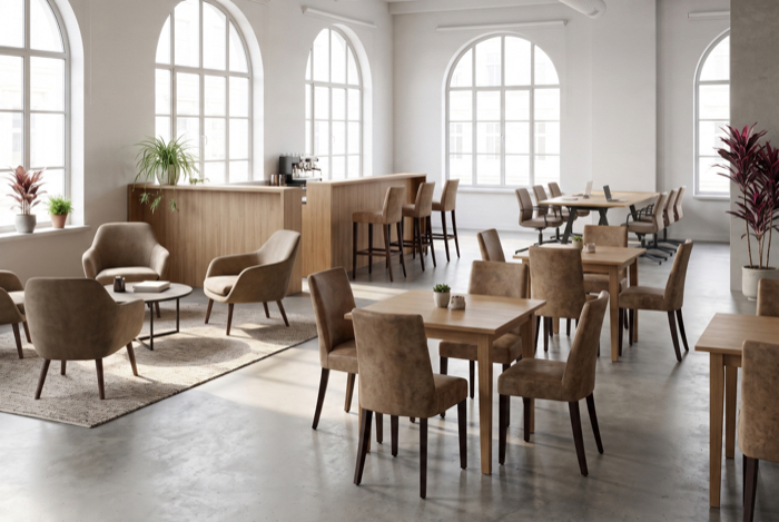 Restaurantbereich mit Stühlen und Holztischen