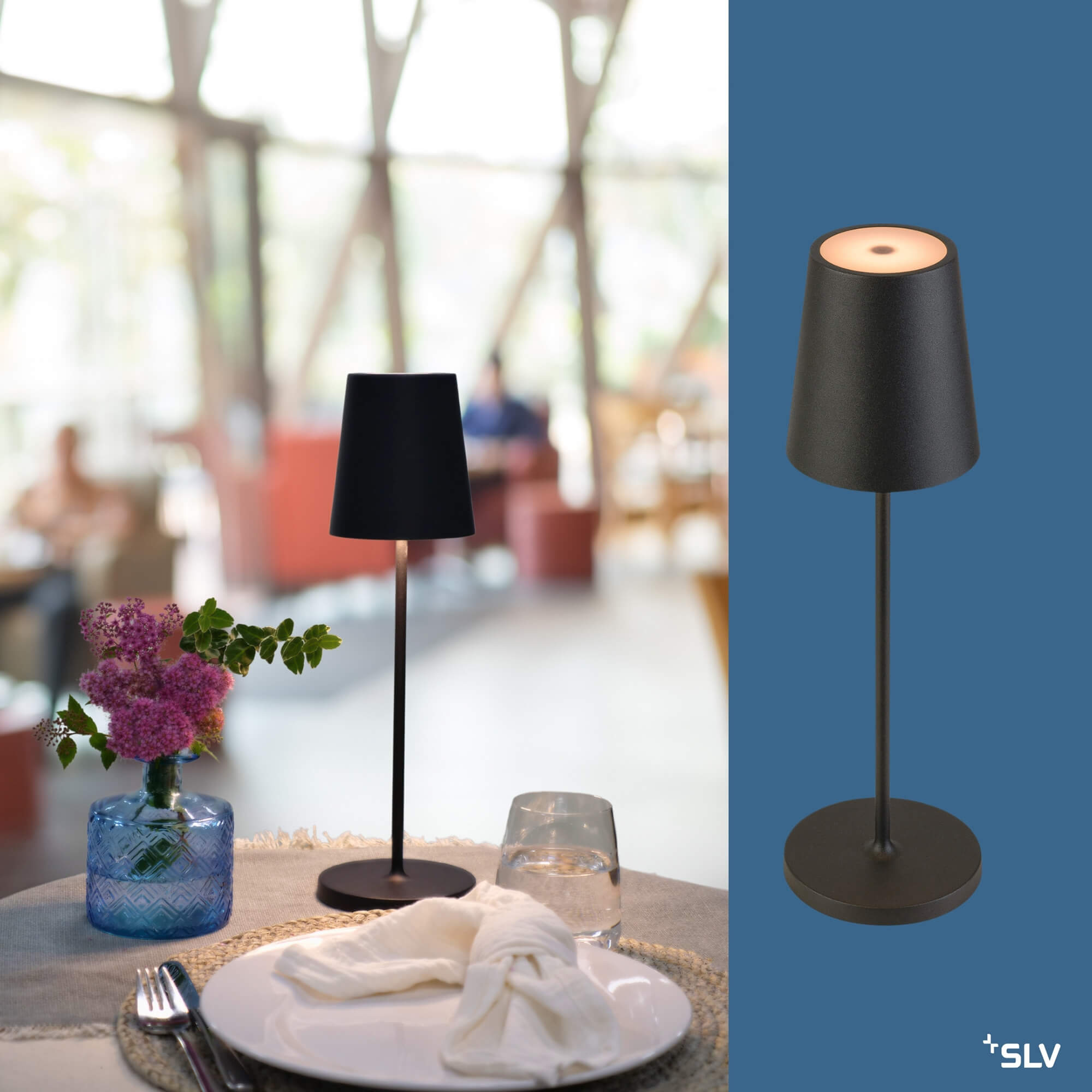 Outdoorlampe Vinolina Two Schwarz auf gedecktem Tisch im Restaurant