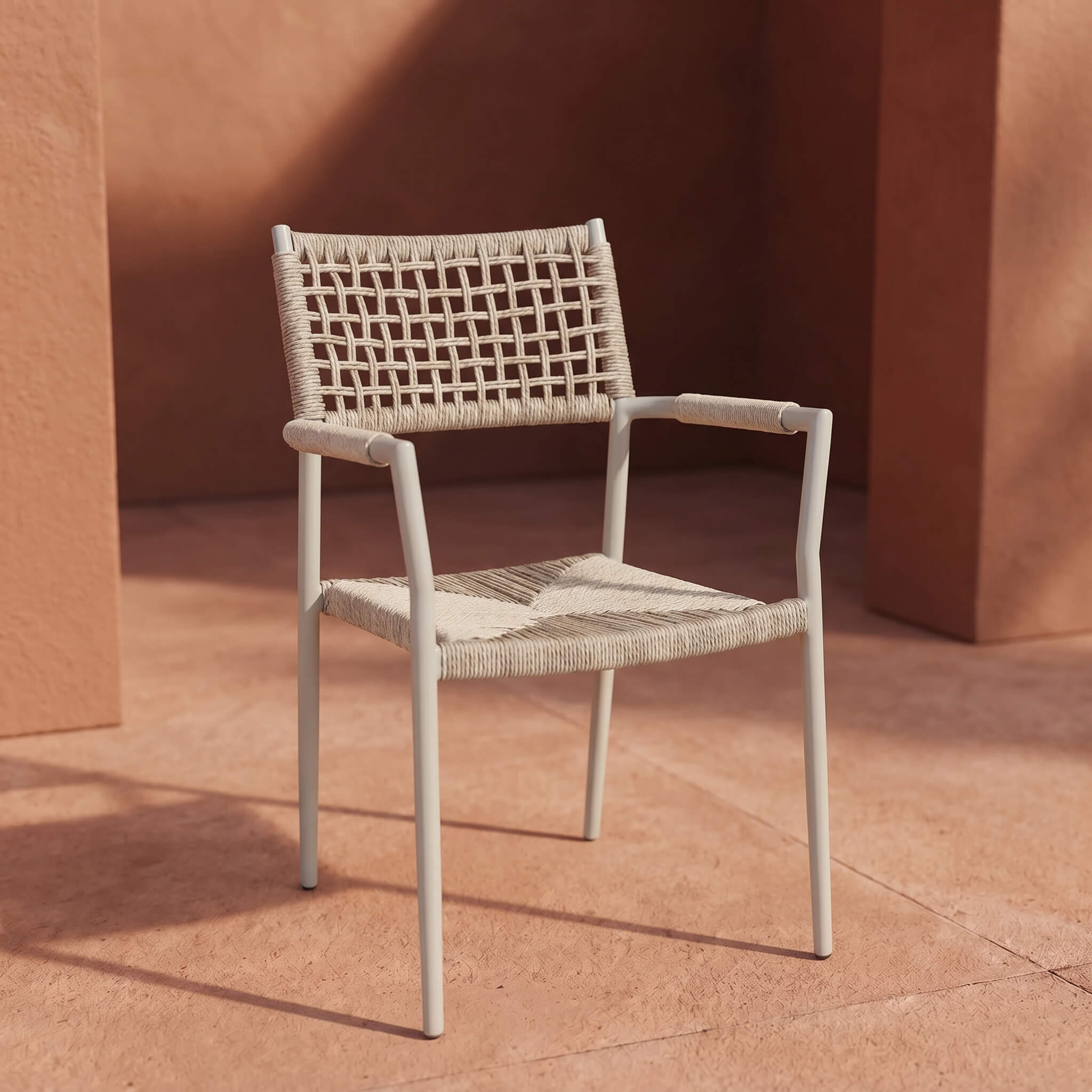 Outdoorstuhl Armlehnenstuhl Sisson Cream mit geflochtener Sitz- und Rückenfläche auf heller Außenterrasse
