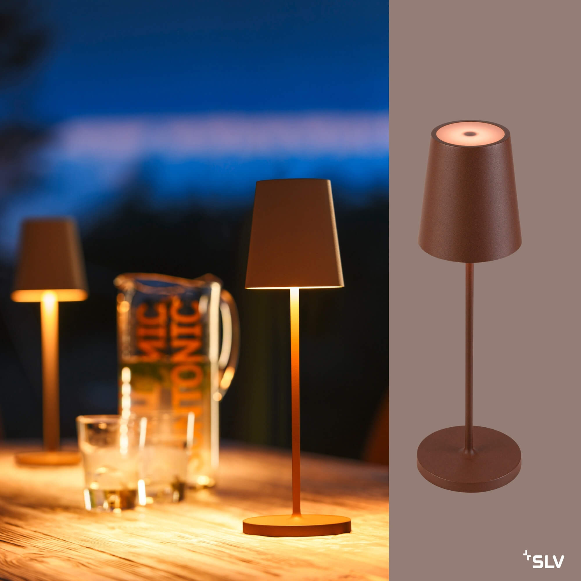 Outdoorlampe Vinolina Two Rost auf beleuchtetem Terrassentisch am Abend