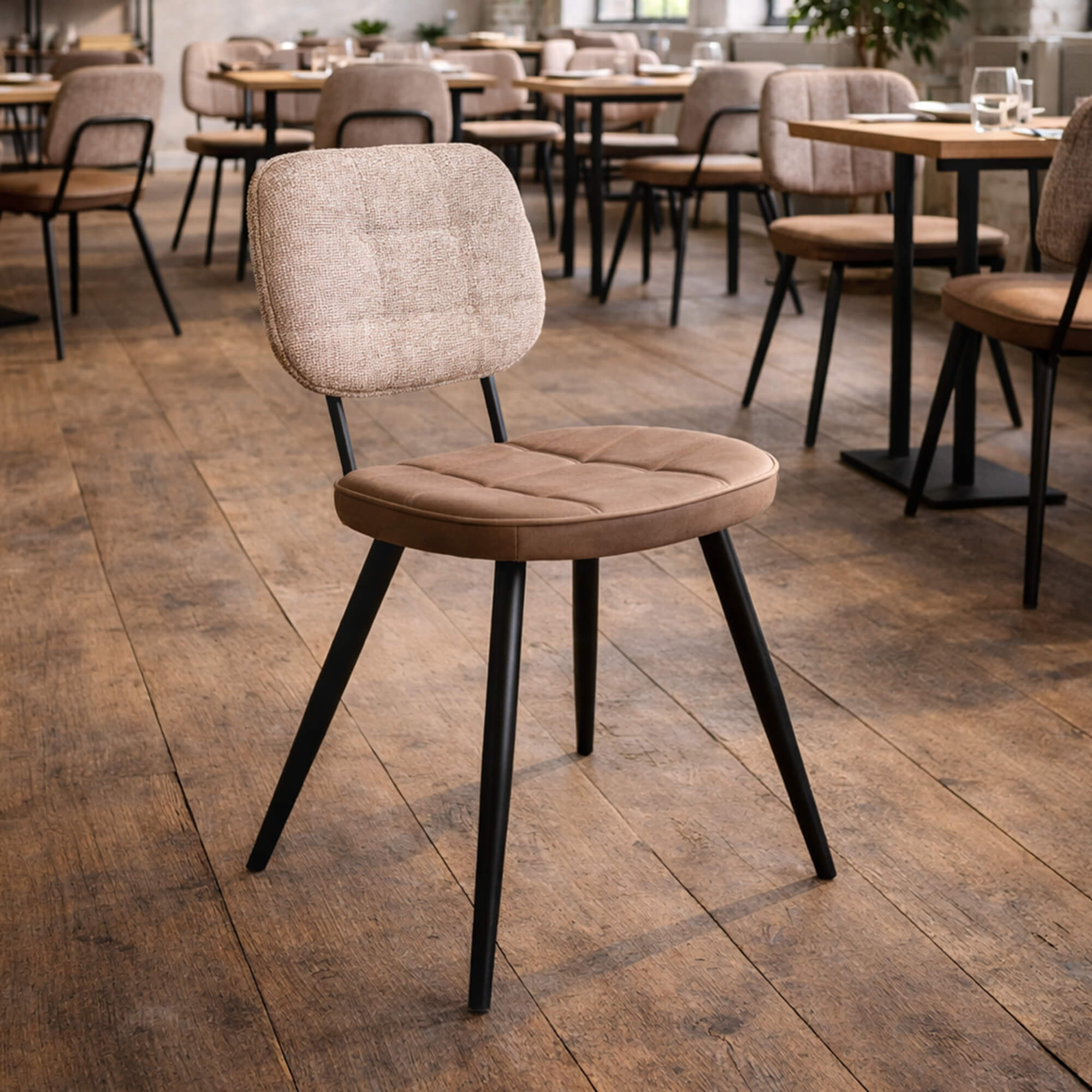 Restaurantstuhl Bisano – beigefarbener Restaurantstuhl mit gepolsterter Sitzfläche in modernem Gastraum