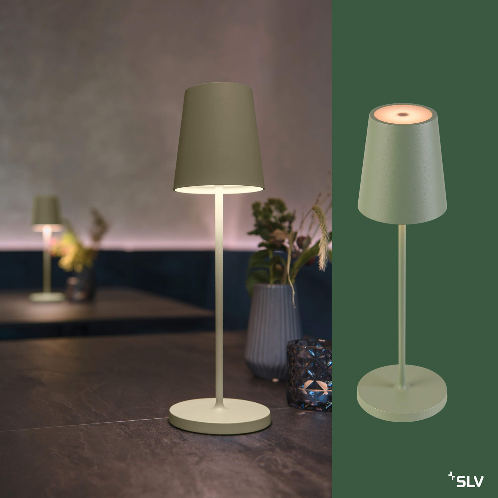 Outdoorlampe Vinolina Two Lindgrün als moderne Tischleuchte auf dunkler Restauranttafel